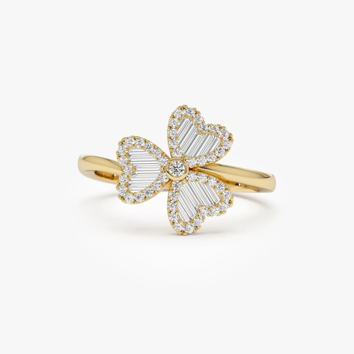 14K Solid Gold Baguette and Round Diamond 0.42 Carat Flower Clover Ring