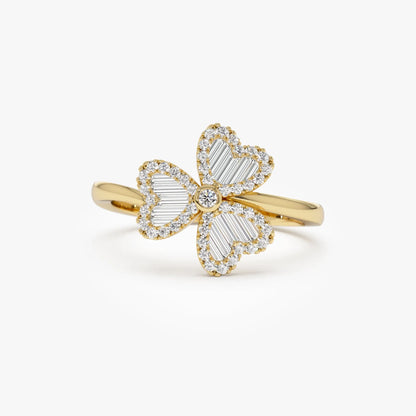 14K Solid Gold Baguette and Round Diamond 0.42 Carat Flower Clover Ring