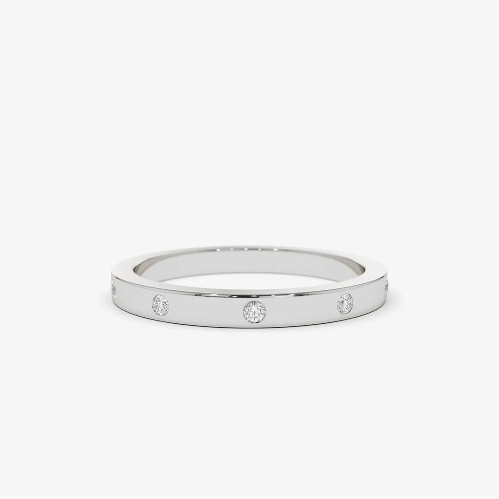 14K Solid Gold Round Diamond Burnish Set Wedding Ring 0.10 Carat