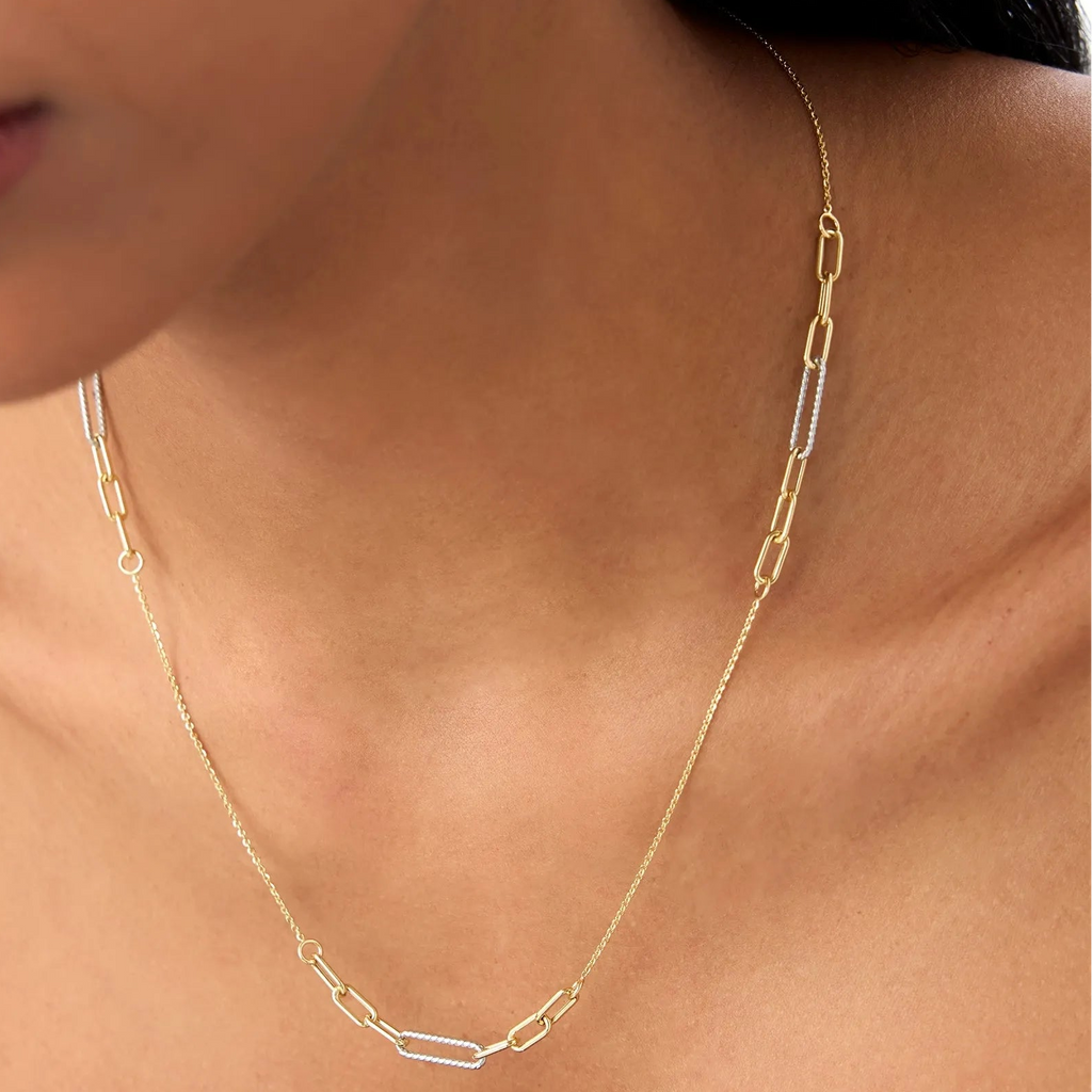 14k Solid Gold Two Tone Rope and Paperclip Link Layering Necklace