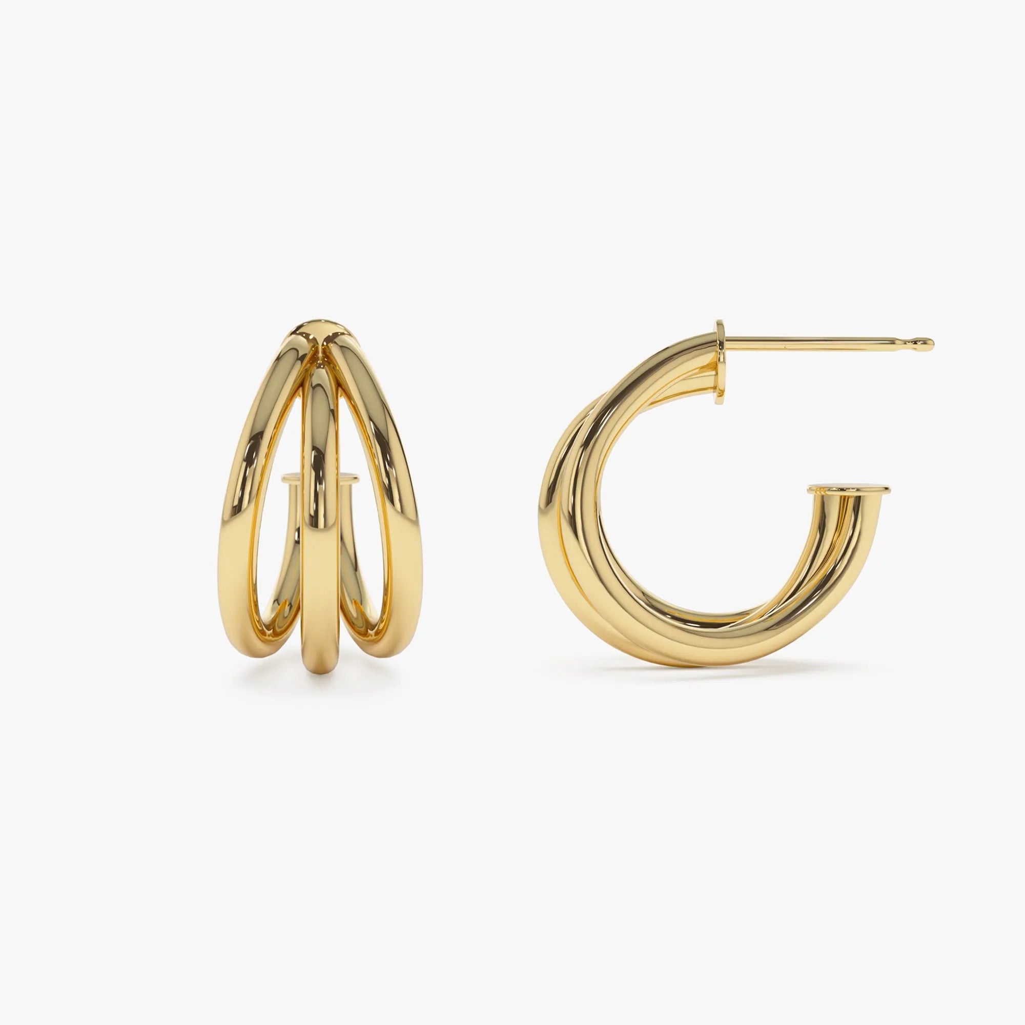 14k Gold Triple Row Tube Statement Hoop Earrings 20mm Length 15.5mm Width