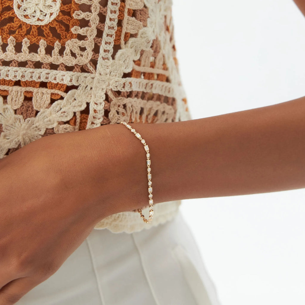 14K Solid Gold 0.85 CTW Round and Baguette Diamond Bracelet