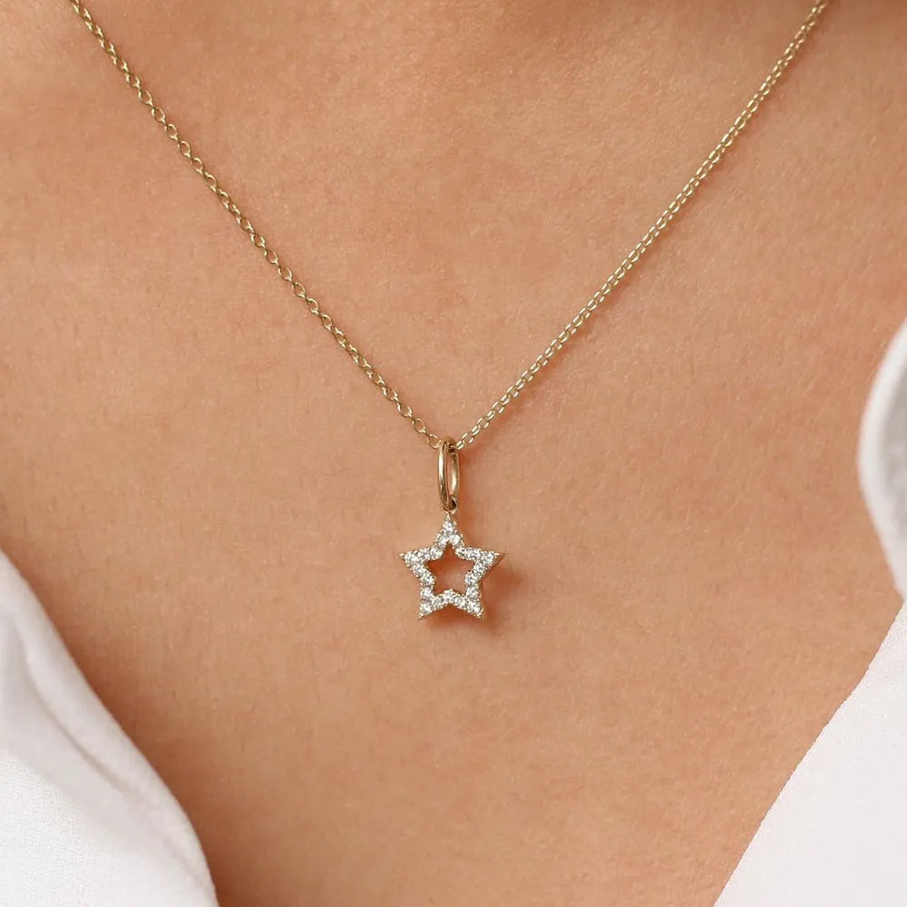 14K Solid Gold Round Diamond Star Charm Pendant Layering Necklace 0.14ctw
