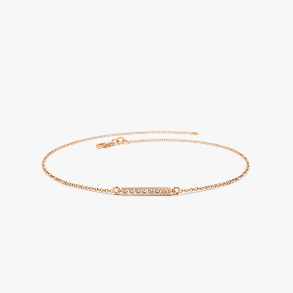 14K Solid Gold Round Diamond Bar Bracelet Micro Pave 0.09 Carat