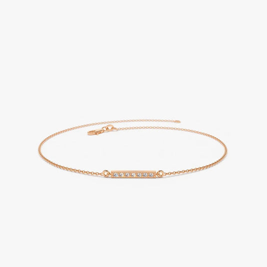 14K Solid Gold Round Diamond Bar Bracelet Micro Pave 0.09 Carat