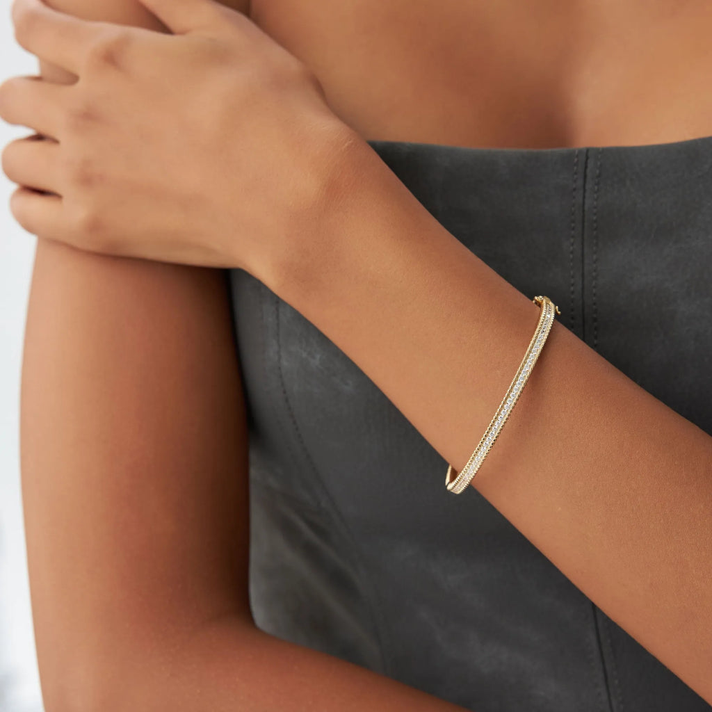 14K Solid Gold 0.97 CTW Round Diamond Milgrain Bangle