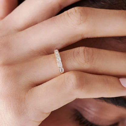 14k Gold Emerald Cut Diamond Half Bezel Wedding Band 0.75 ctw