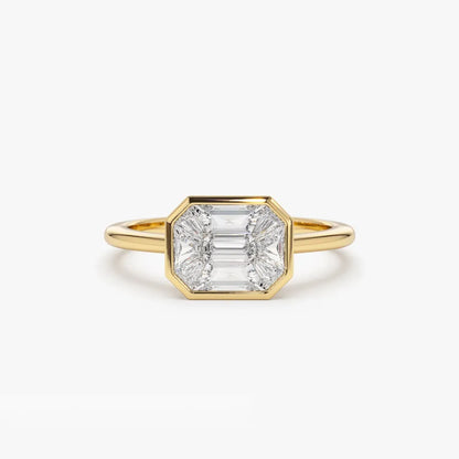14K Solid Gold Emerald Pie Cut Diamond 0.55 Carat East West Illusion Invisible Bezel Setting Ring