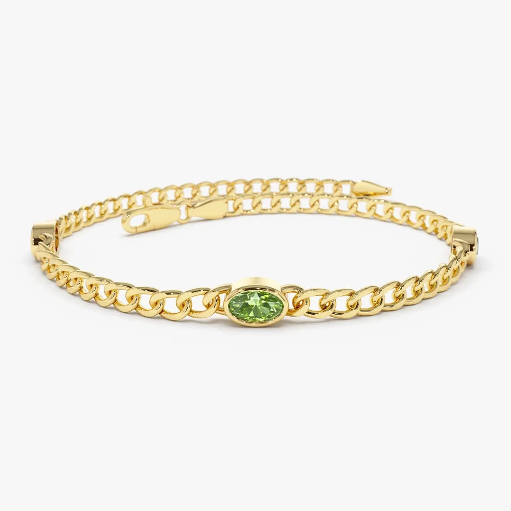 14k Gold Oval Peridot 3MM Cuban Link Bezel Set Bracelet