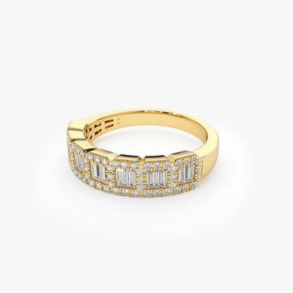 14K Gold Baguette and Round Diamond 0.70 ctw Channel Micro Pave Ring