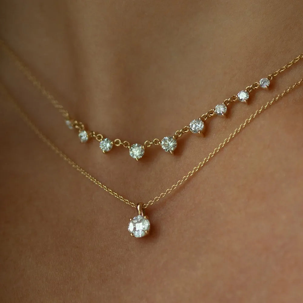 14K Solid Gold Marquise and Princess Cut Diamond Illusion Setting Necklace 0.25ctw