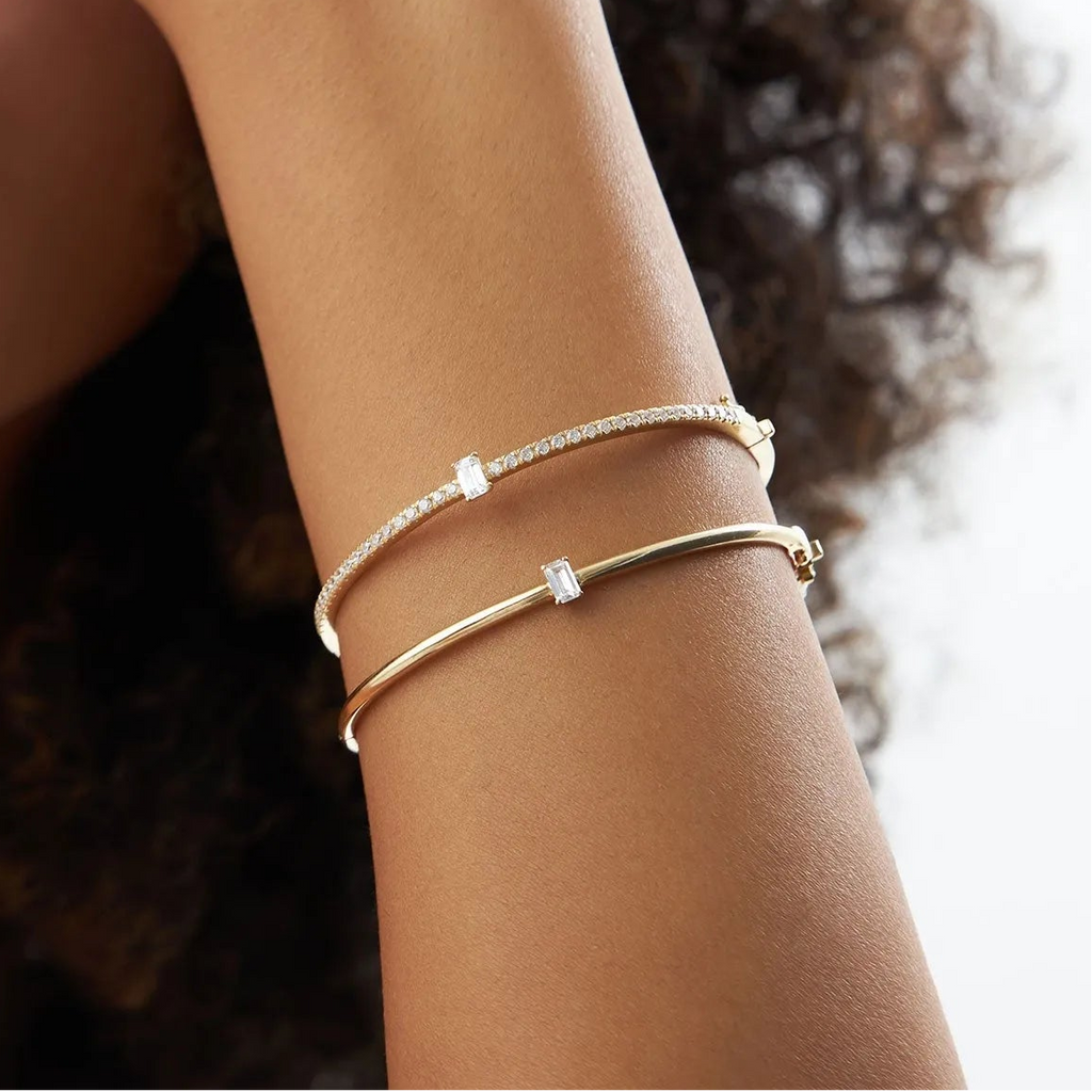 14K Solid Gold 0.30 CTW Emerald Cut Diamond Solitaire Bangle