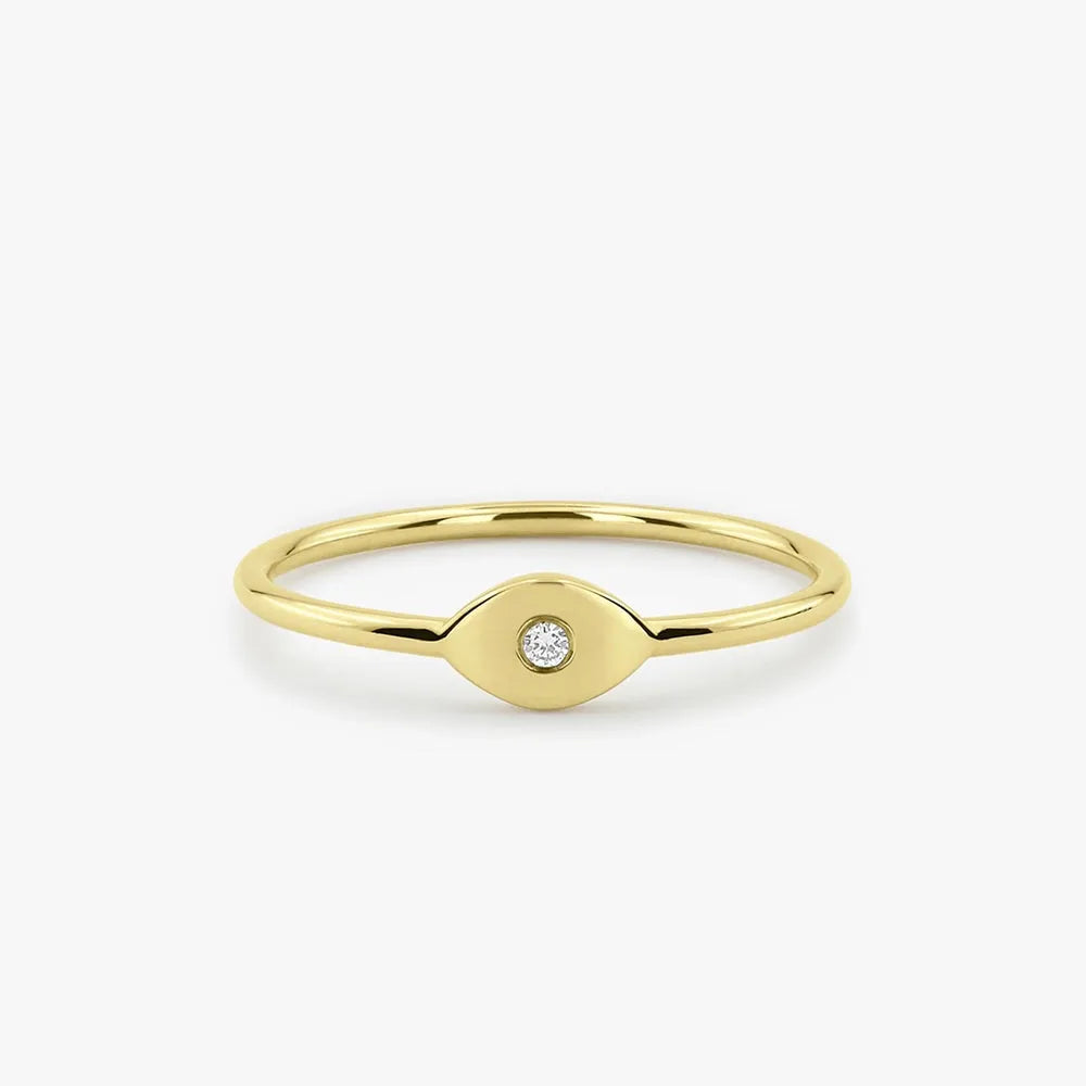 14K Solid Gold Round Diamond Evil Eye Ring Burnish Setting