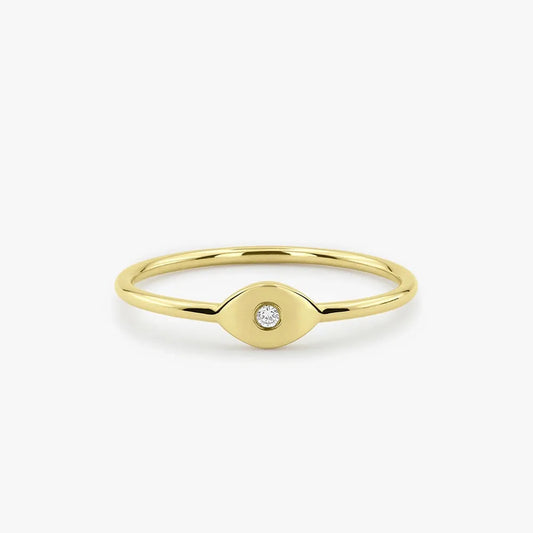 14K Solid Gold Round Diamond Evil Eye Ring Burnish Setting