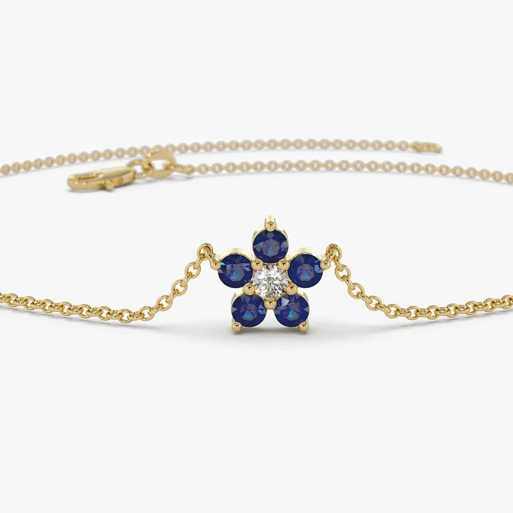 14K Solid Gold Round Sapphire and Diamond Flower Charm Bracelet
