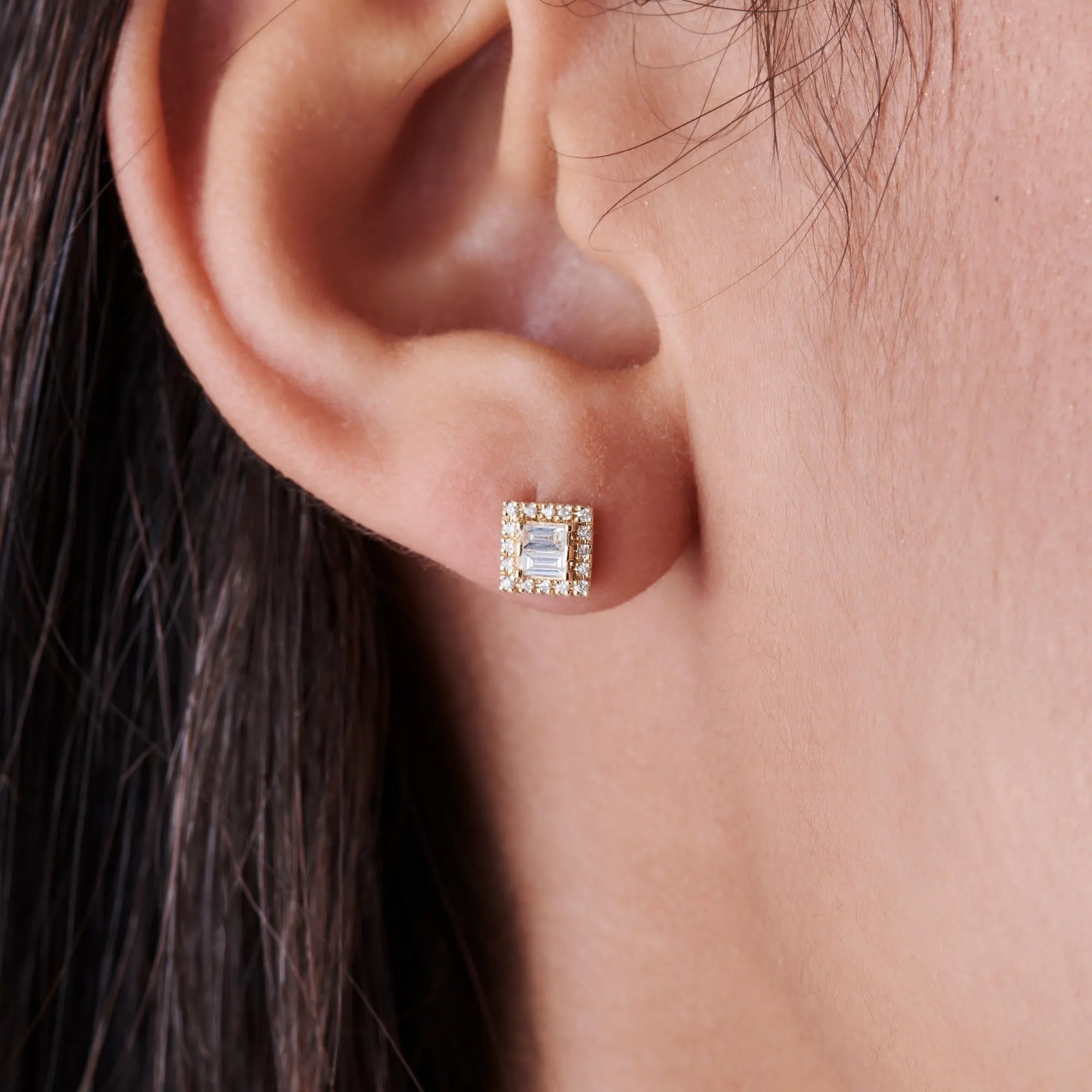 14k Gold Diamond Baguette and Round Cut Halo Setting Stud Earrings 0.25 ctw