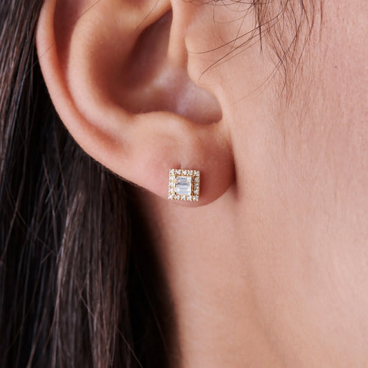 14k Gold Diamond Baguette and Round Cut Halo Setting Stud Earrings 0.25 ctw