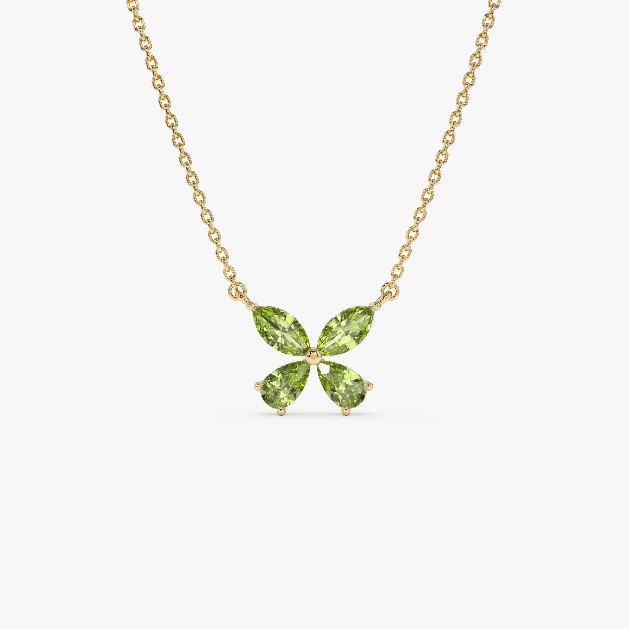 14k Solid Gold Peridot Pear and Marquise Butterfly Necklace 1.10 Carat