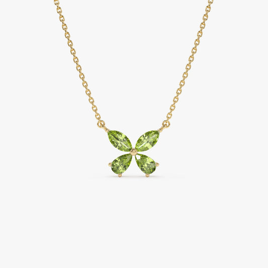 14k Solid Gold Peridot Pear and Marquise Butterfly Necklace 1.10 Carat