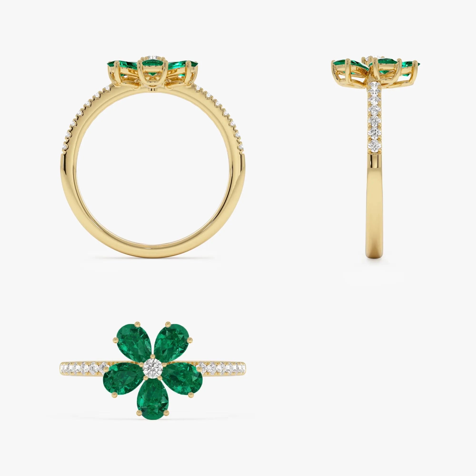 14K Solid Gold Pear Emerald and Round Diamond Five-Leaf Ring 0.80 CTW