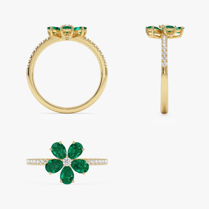 14K Solid Gold Pear Emerald and Round Diamond Five-Leaf Ring 0.80 CTW