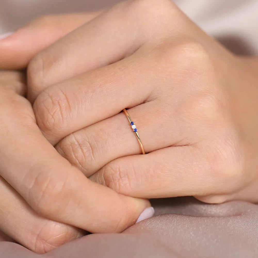 14k Gold Sapphire and Diamond Round Cut Minimal Three Stone Ring 0.06 ctw