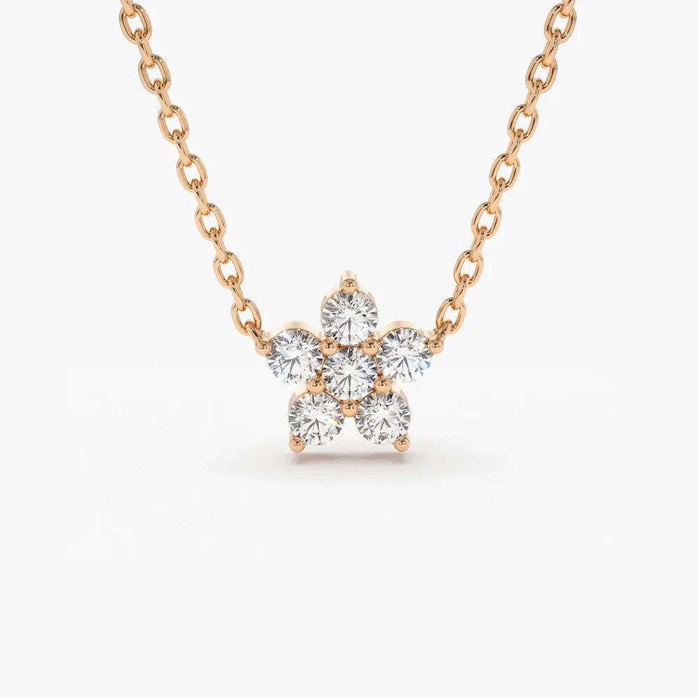 14K Solid Gold Round Diamond Flower Charm Necklace Prong Setting 0.18ctw