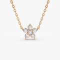 14K Solid Gold Round Diamond Flower Charm Necklace Prong Setting 0.18ctw