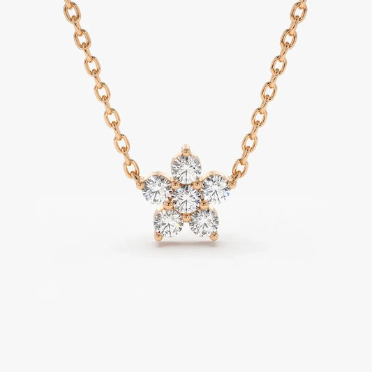 14K Solid Gold Round Diamond Flower Charm Necklace Prong Setting 0.18ctw