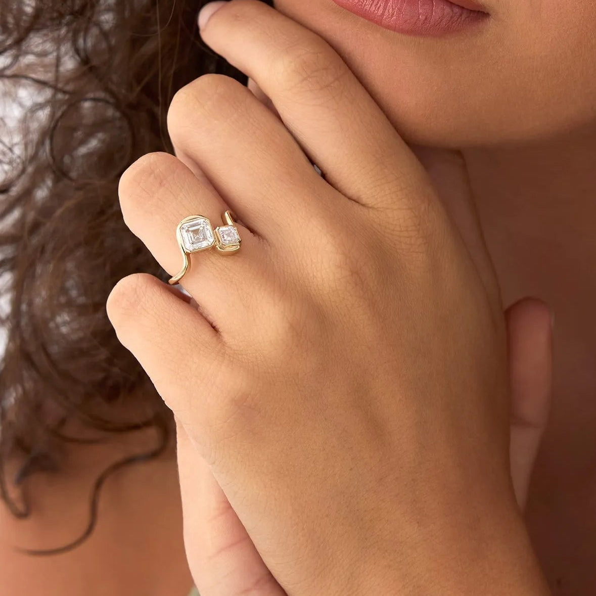 14k Gold 2.10 Ctw Lab Grown Diamond Asscher and Round Bezel Set Toi et Moi Ring