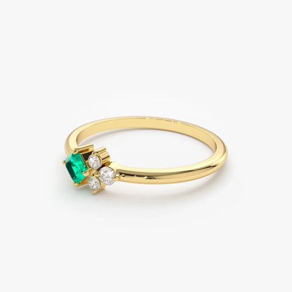 14K Solid Gold Princess Cut Emerald and Round Diamond Ring 0.14 CTW Handcrafted Jewelry