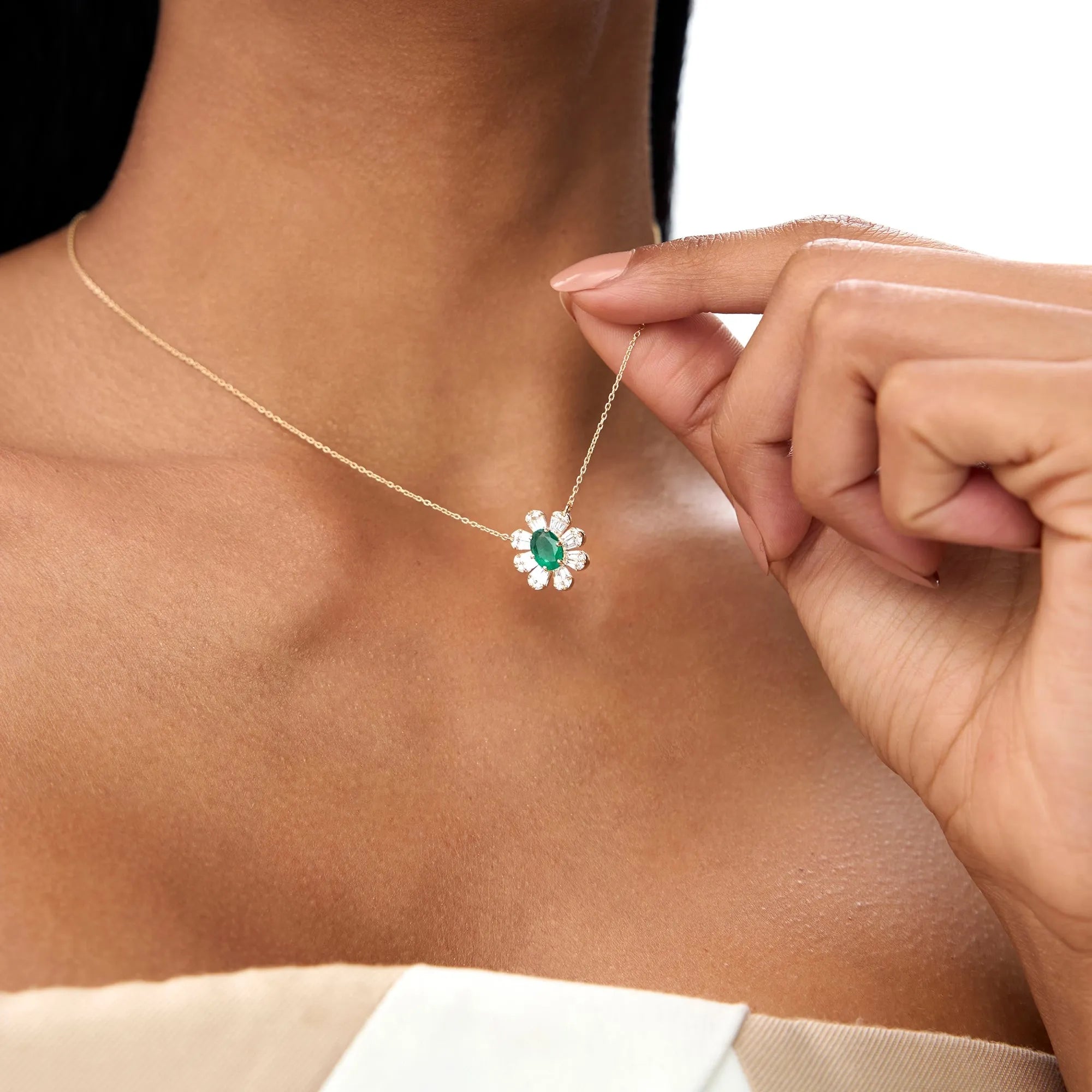 14k Solid Gold Oval Emerald and Baguette Round Diamond 0.65 CTW Necklace