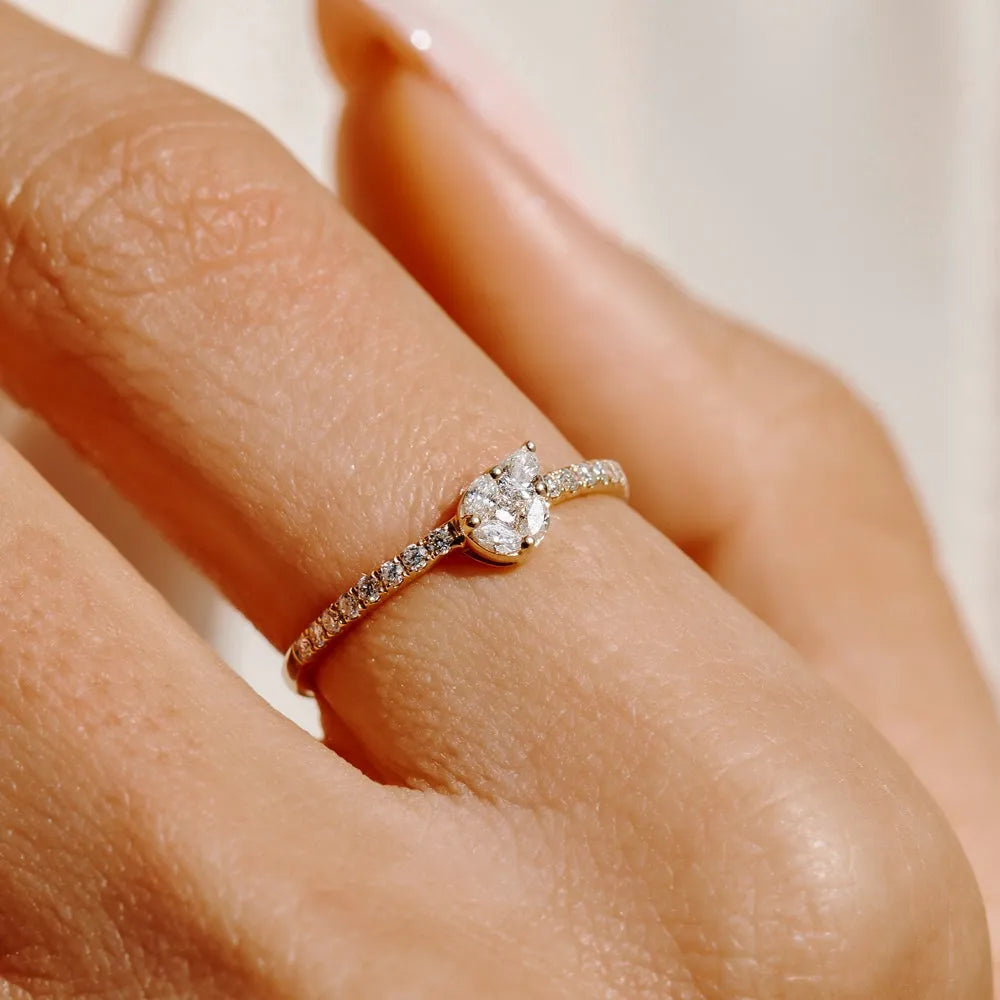 14K Solid Gold Pear Shape Diamond 0.30 Carat Illusion Setting Engagement Ring