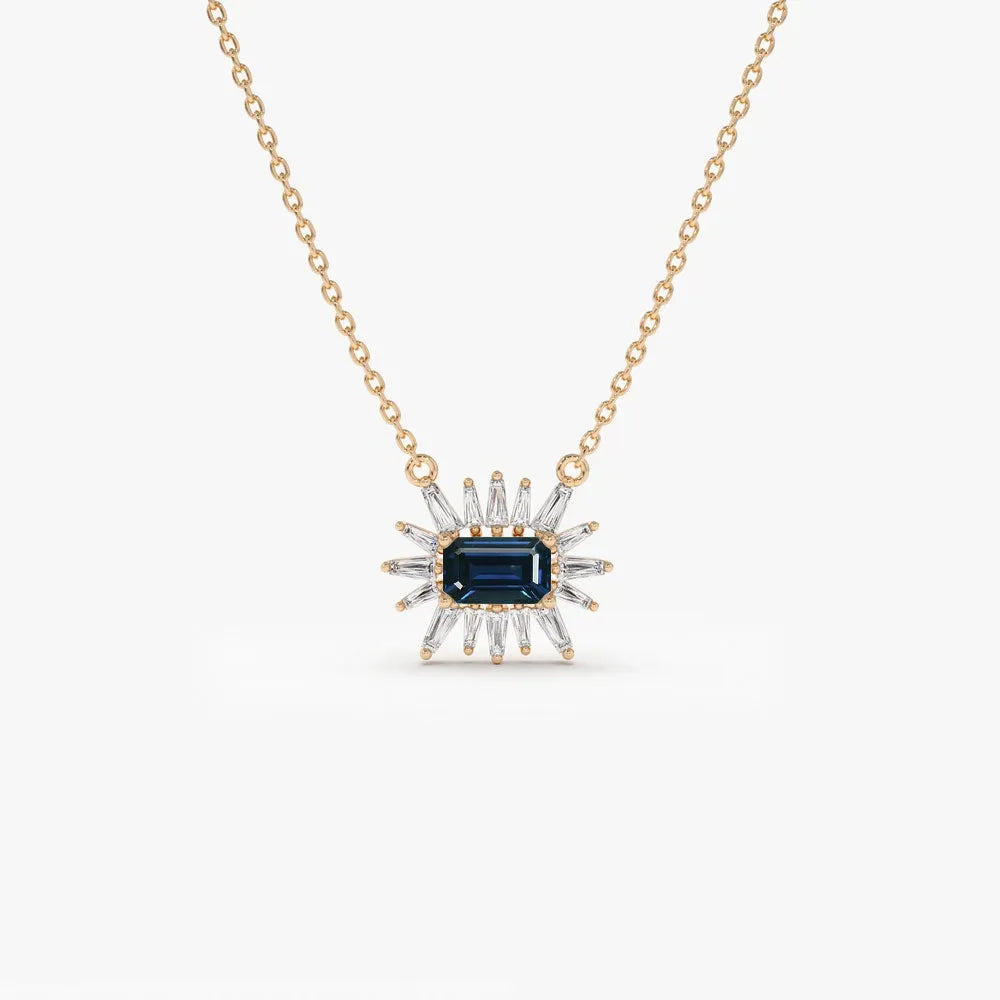14k Solid Gold Sapphire and Diamond Emerald Cut Tapered Baguette Necklace 0.65 Carat