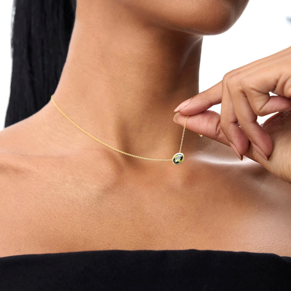 14k Solid Gold Peridot Oval Necklace 0.90 Carat Bezel Setting