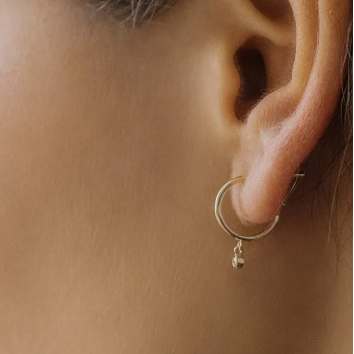 14k Gold Diamond Round Cut Dangling Charm Hoop Earrings Bezel Setting 0.06 ctw