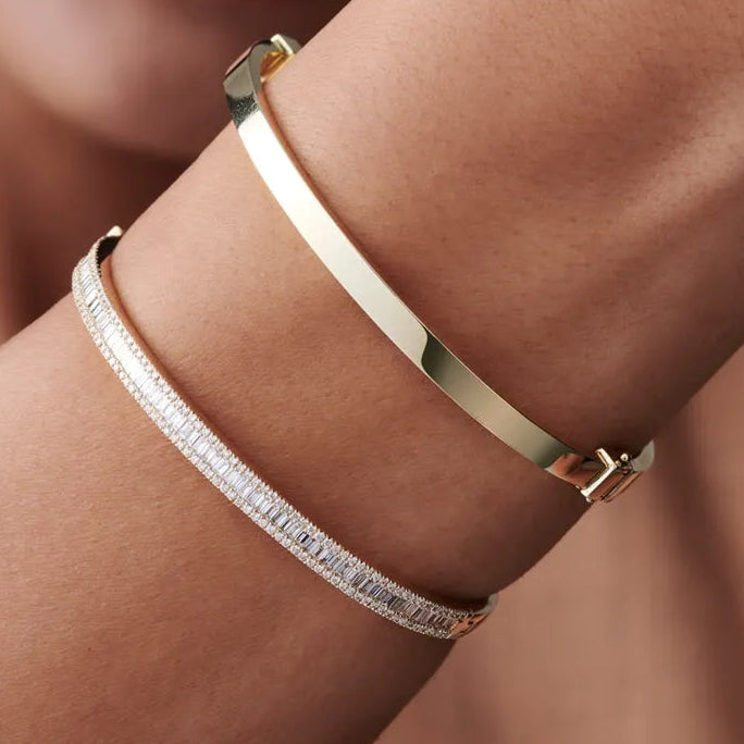14K Solid Gold 2.60 CTW Baguette and Round Diamond Micro Pave Statement Bangle