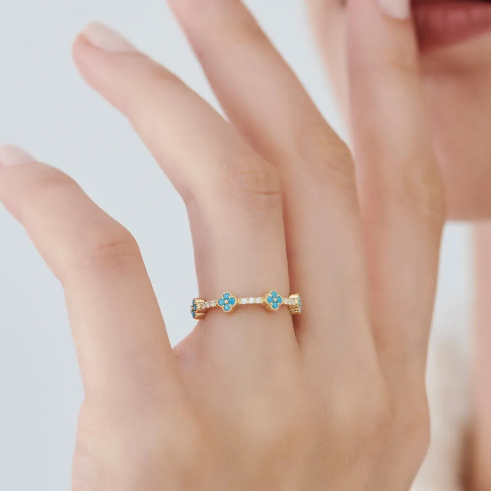 14K Gold Clover Turquoise and Diamond 0.44ctw Full Eternity Ring