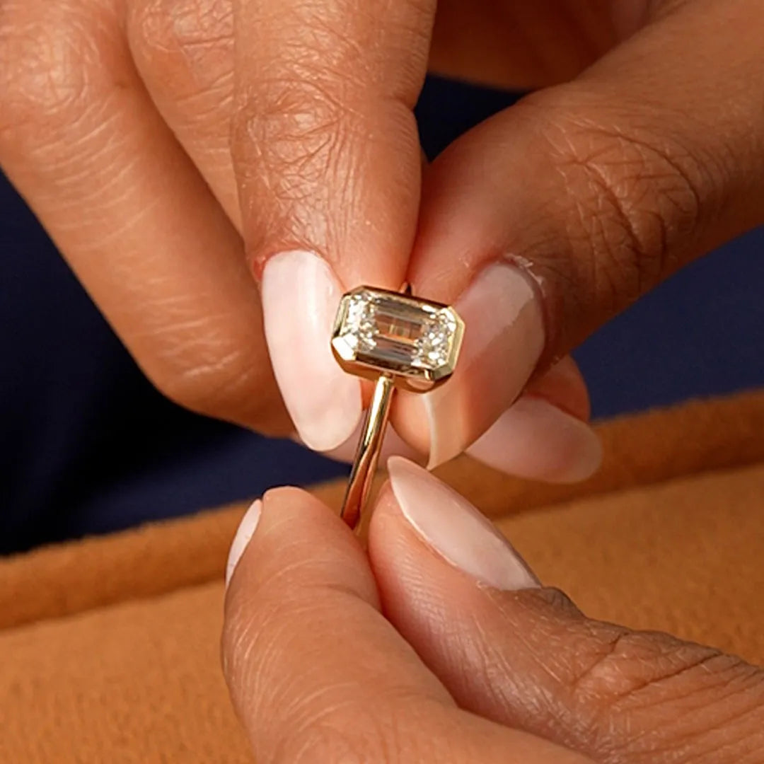 14k Gold 1.50 Carat Emerald Cut Lab Grown Diamond Bezel Setting Engagement Ring IGI Certified