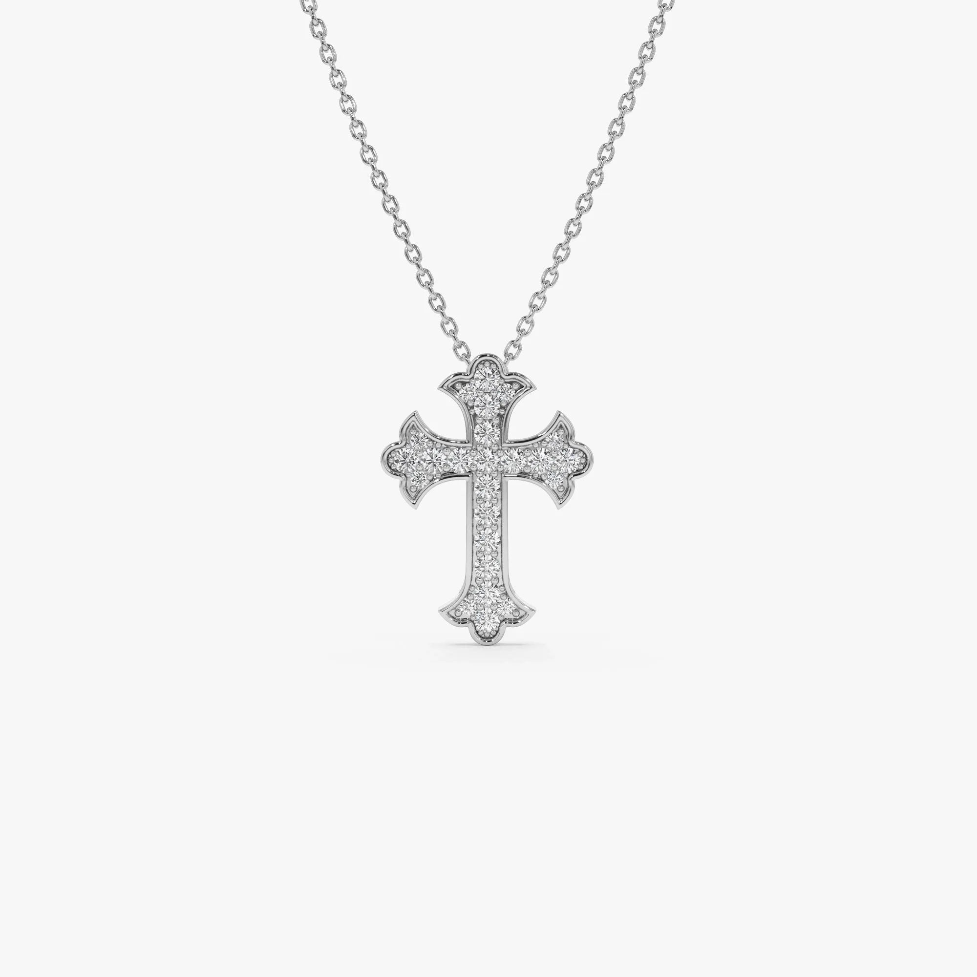 14K Solid Gold 0.32 CTW Round Diamond Gothic Cross Pave Setting Necklace