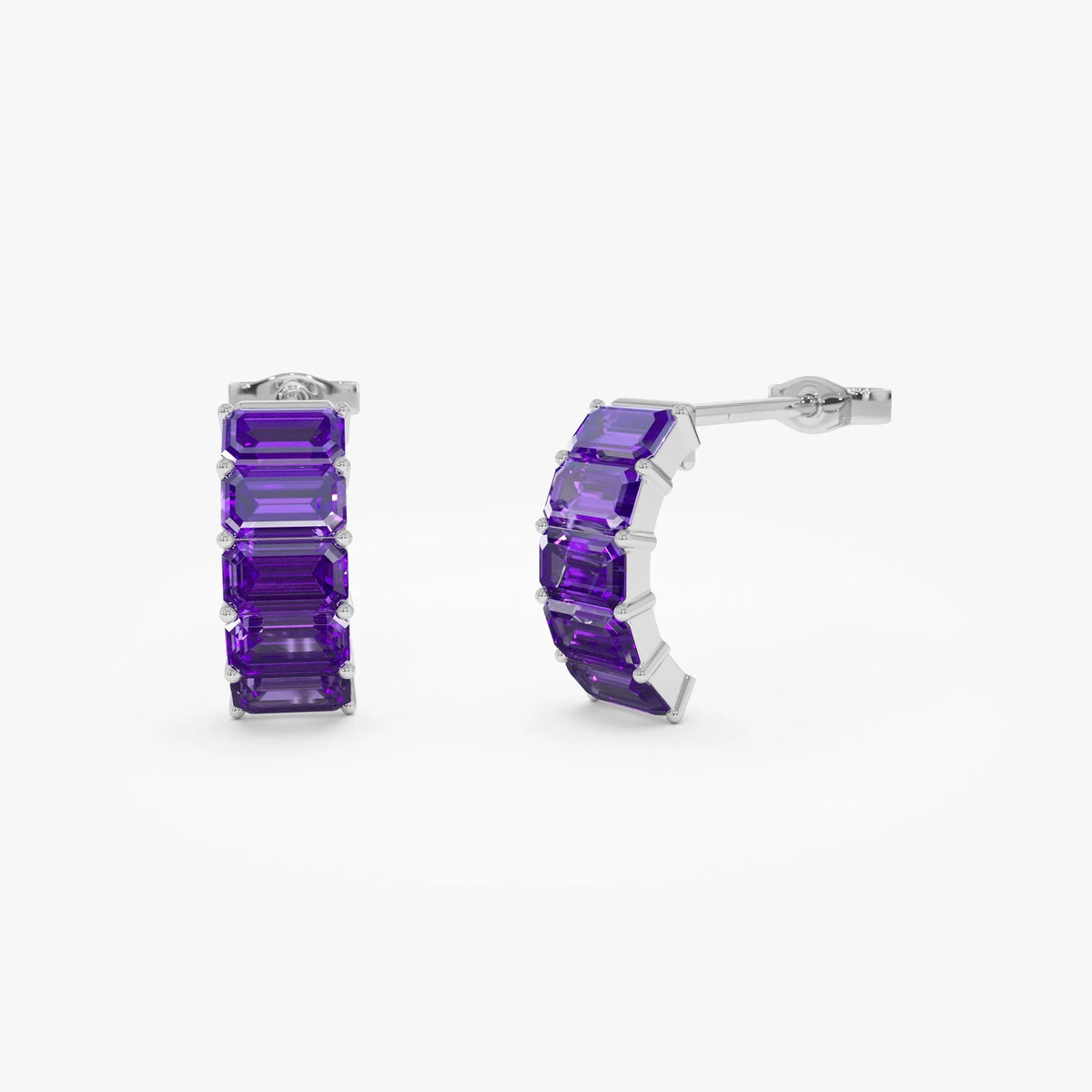 14K Solid Gold Octagon Cut Amethyst Half Hoop Earrings 2.80ctw