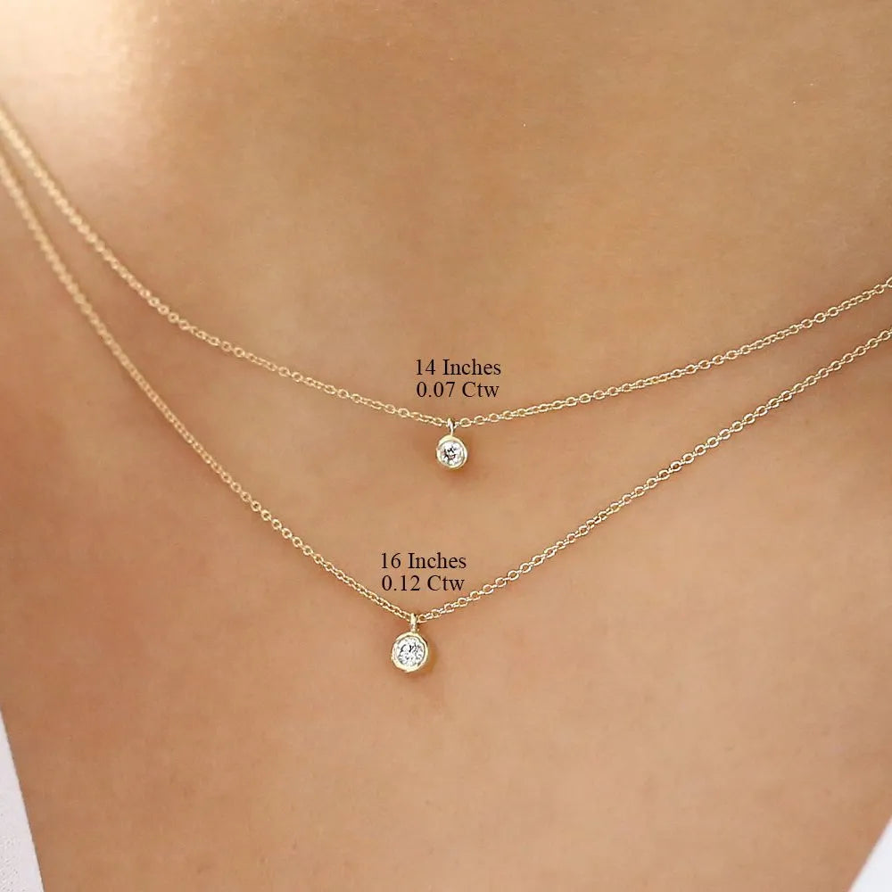 14k Solid Gold Round Diamond Solitaire Bezel Set Pendant Necklace