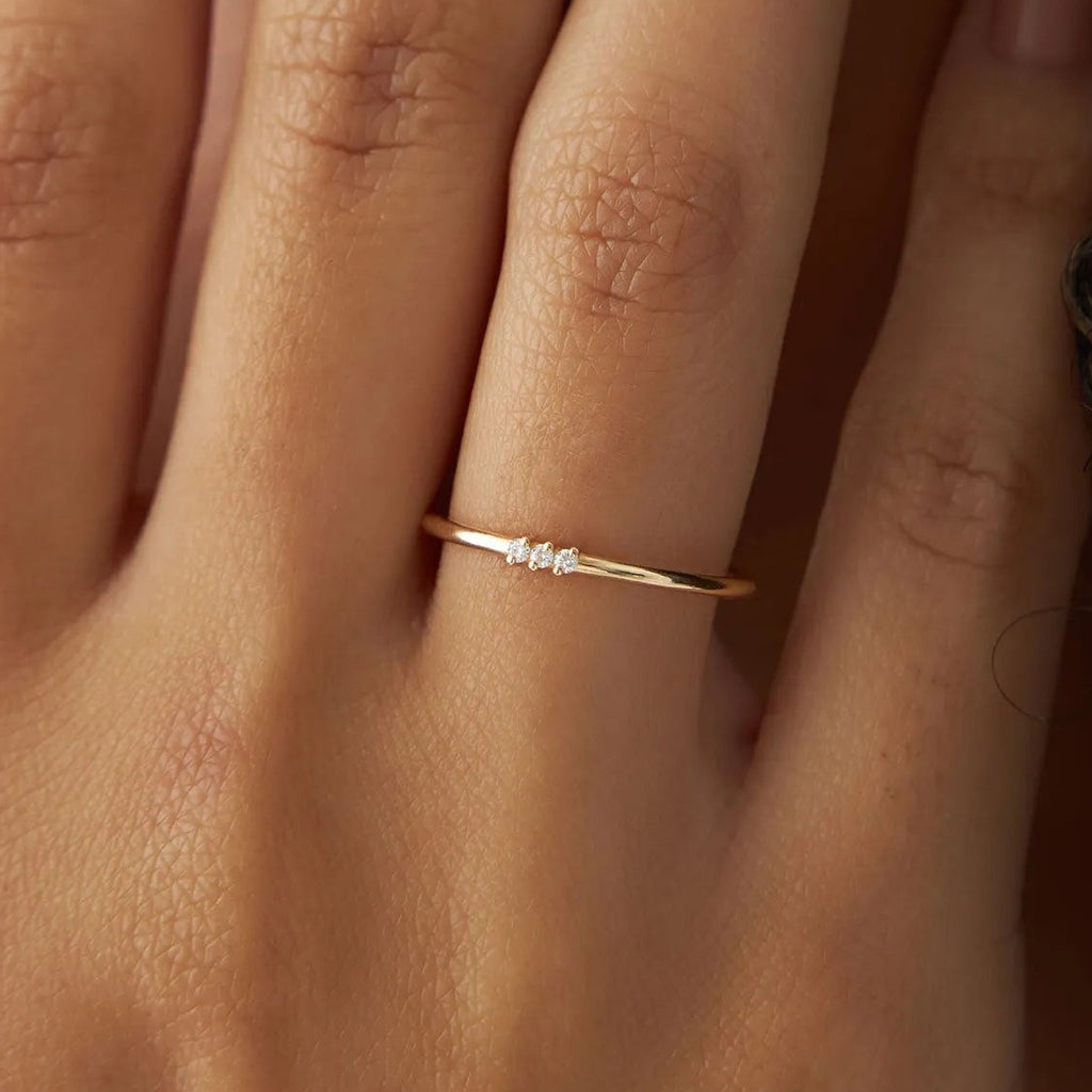 14K Gold Round Diamond 3 Stone Minimalist Ring 0.05 Ctw