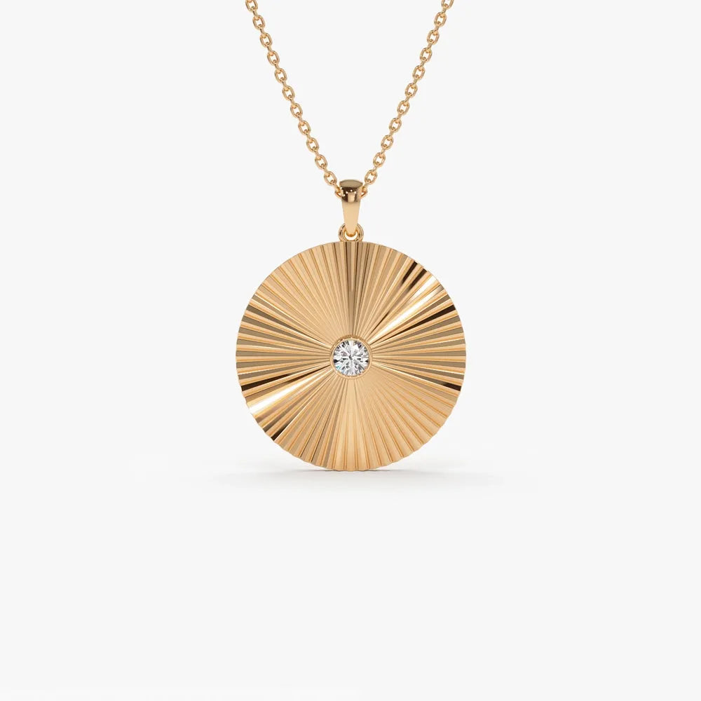 14K Solid Gold Round Diamond Large Disc Ray Pendant Necklace 0.12ctw