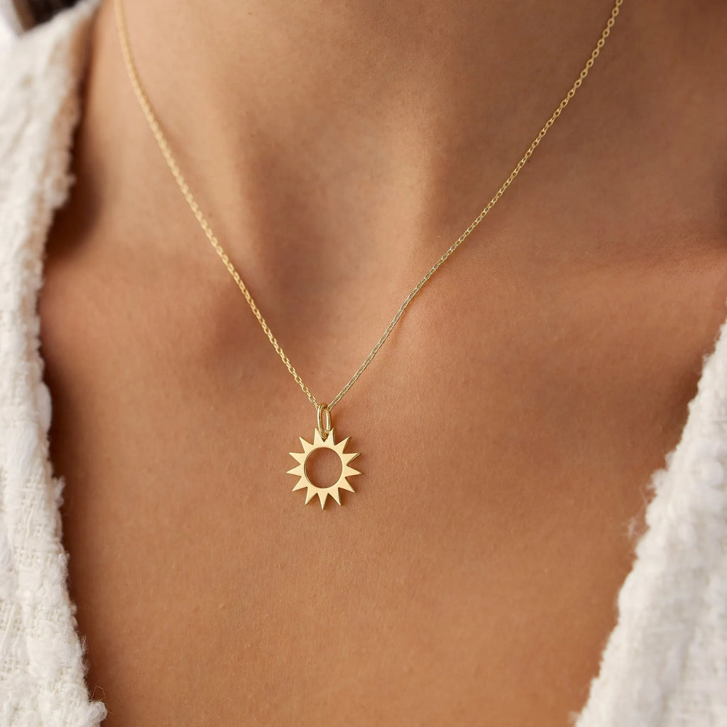 14k Solid Gold Sun Celestial Pendant Necklace