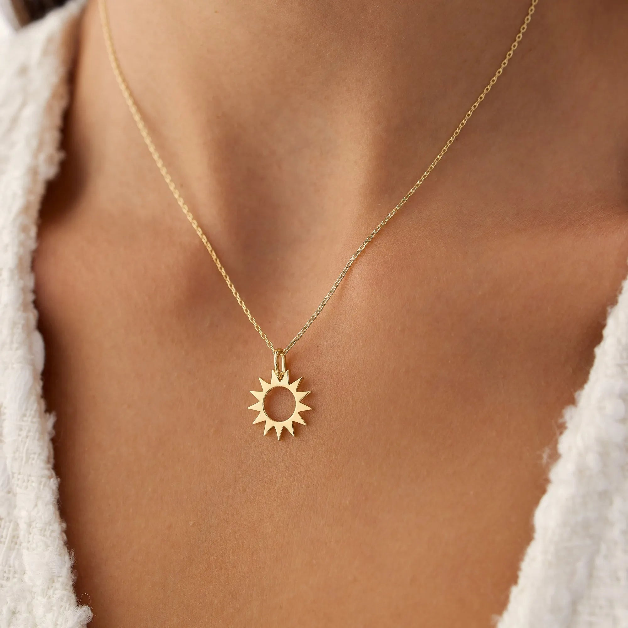 14k Solid Gold Sun Celestial Pendant Necklace