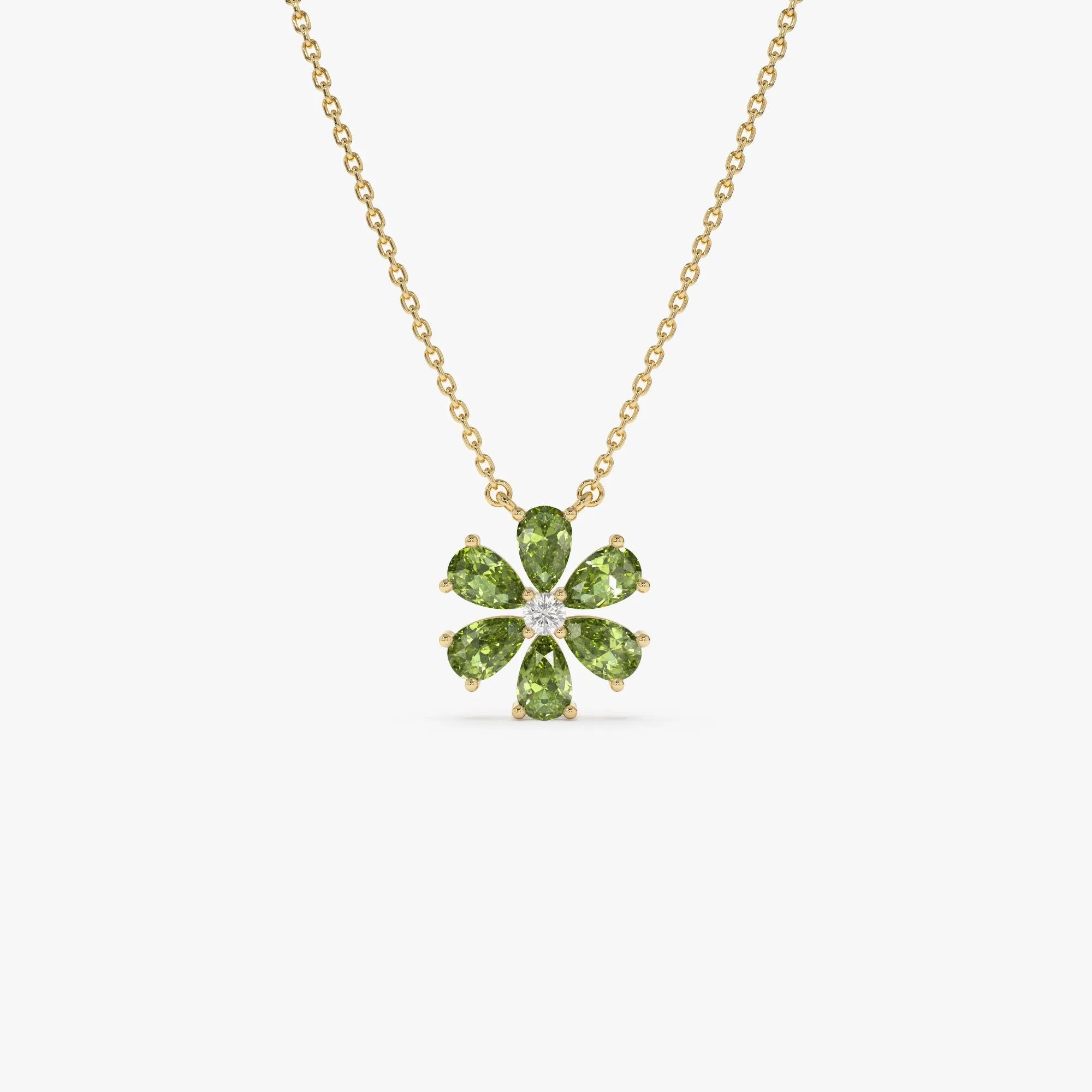 14k Solid Gold Peridot and Diamond Pear and Round Flower Necklace 1.45 Carat