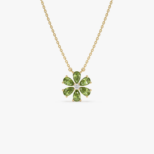 14k Solid Gold Peridot and Diamond Pear and Round Flower Necklace 1.45 Carat