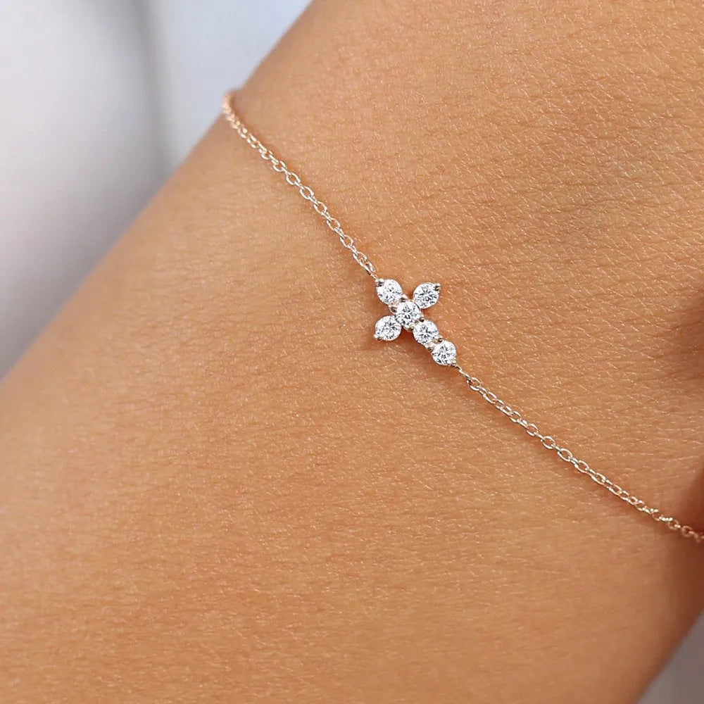 14K Solid Gold Round Diamond Cross Chain Bracelet Prong Setting 0.21 Carat