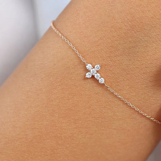 14K Solid Gold Round Diamond Cross Chain Bracelet Prong Setting 0.21 Carat
